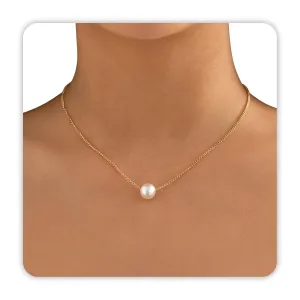 Single Pearl Necklace, 8MM Dainty Pearl Pendant Necklaces for Women, 14K Gold Strands Drop Pearl Charm Necklace, Simple Floating Gold necklace for Women as Girlfriend Brides Birthday Gifts