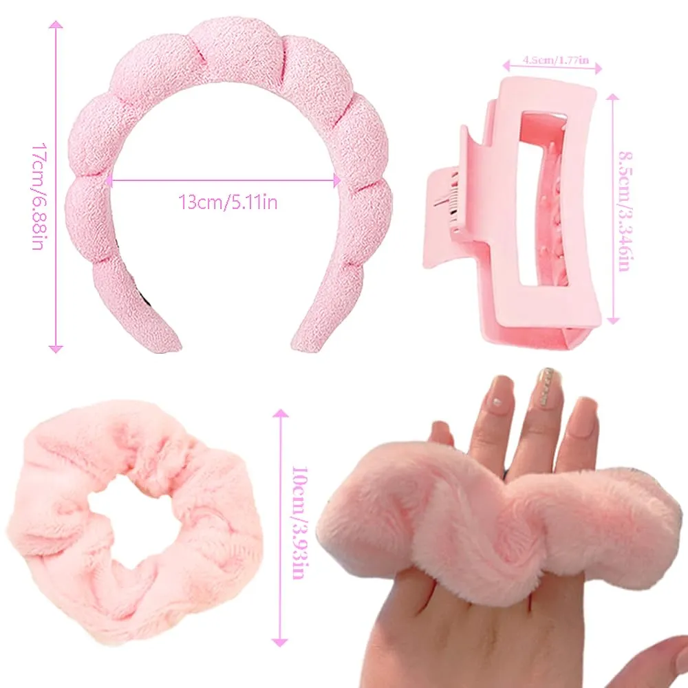 Skincare Headband for Washing Face, Spa Headband and Wristband Set for Women and Girls with Hair Clip Scrunchies, Makeup Headbands Cute Terry Cloth Sponge Stuff - Pink