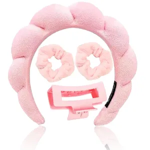 Skincare Headband for Washing Face, Spa Headband and Wristband Set for Women and Girls with Hair Clip Scrunchies, Makeup Headbands Cute Terry Cloth Sponge Stuff - Pink