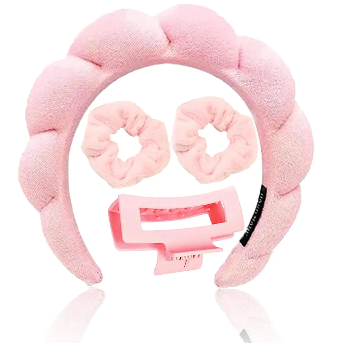 Skincare Headband for Washing Face, Spa Headband and Wristband Set for Women and Girls with Hair Clip Scrunchies, Makeup Headbands Cute Terry Cloth Sponge Stuff - Pink