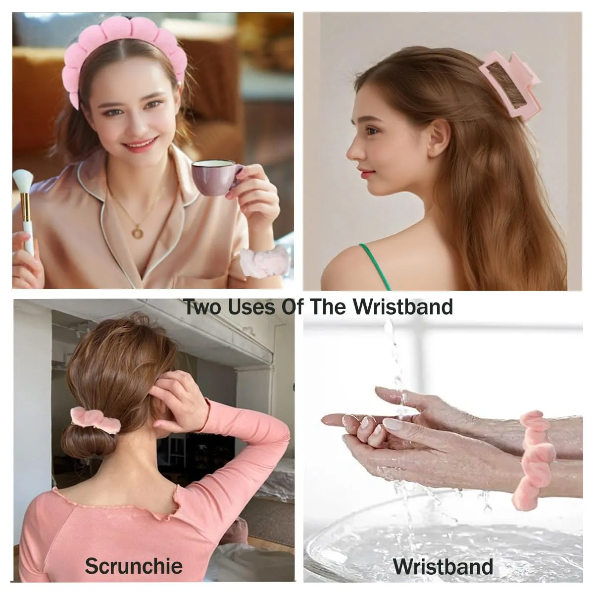 Skincare Headband for Washing Face, Spa Headband and Wristband Set for Women and Girls with Hair Clip Scrunchies, Makeup Headbands Cute Terry Cloth Sponge Stuff - Pink