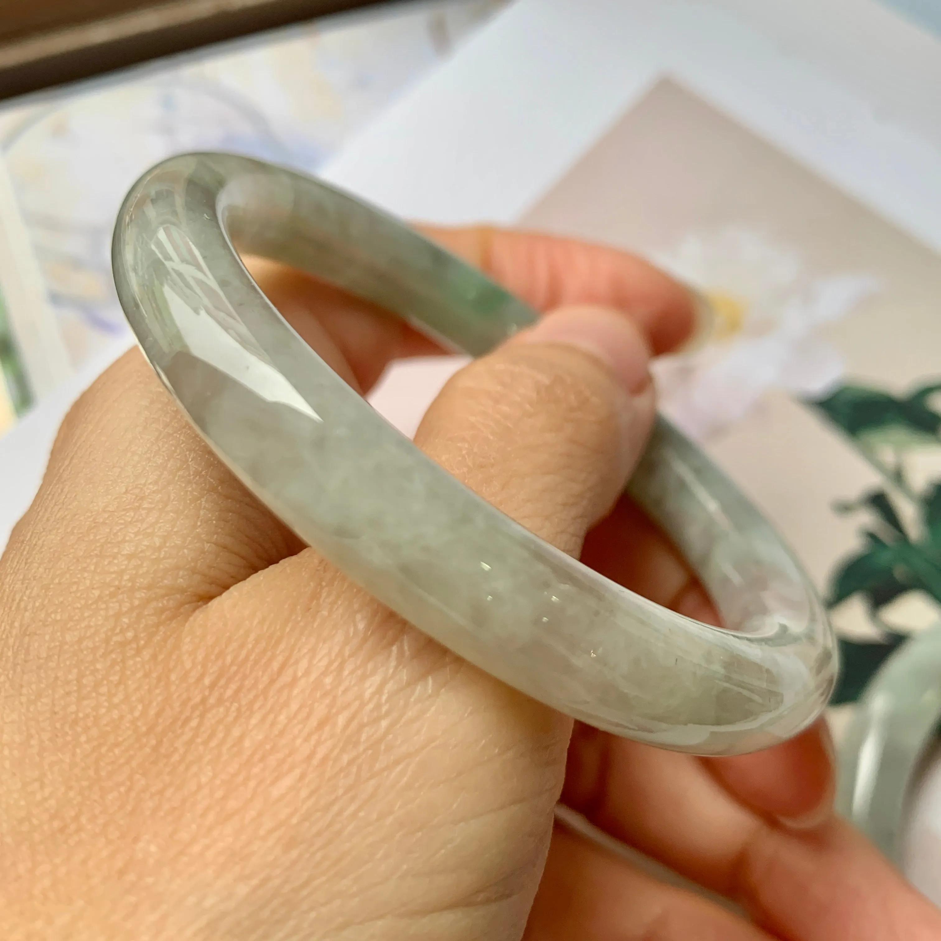 SOLD OUT: 52.4mm A-Grade Natural Light Green Jadeite Traditional Round Bangle No.151944