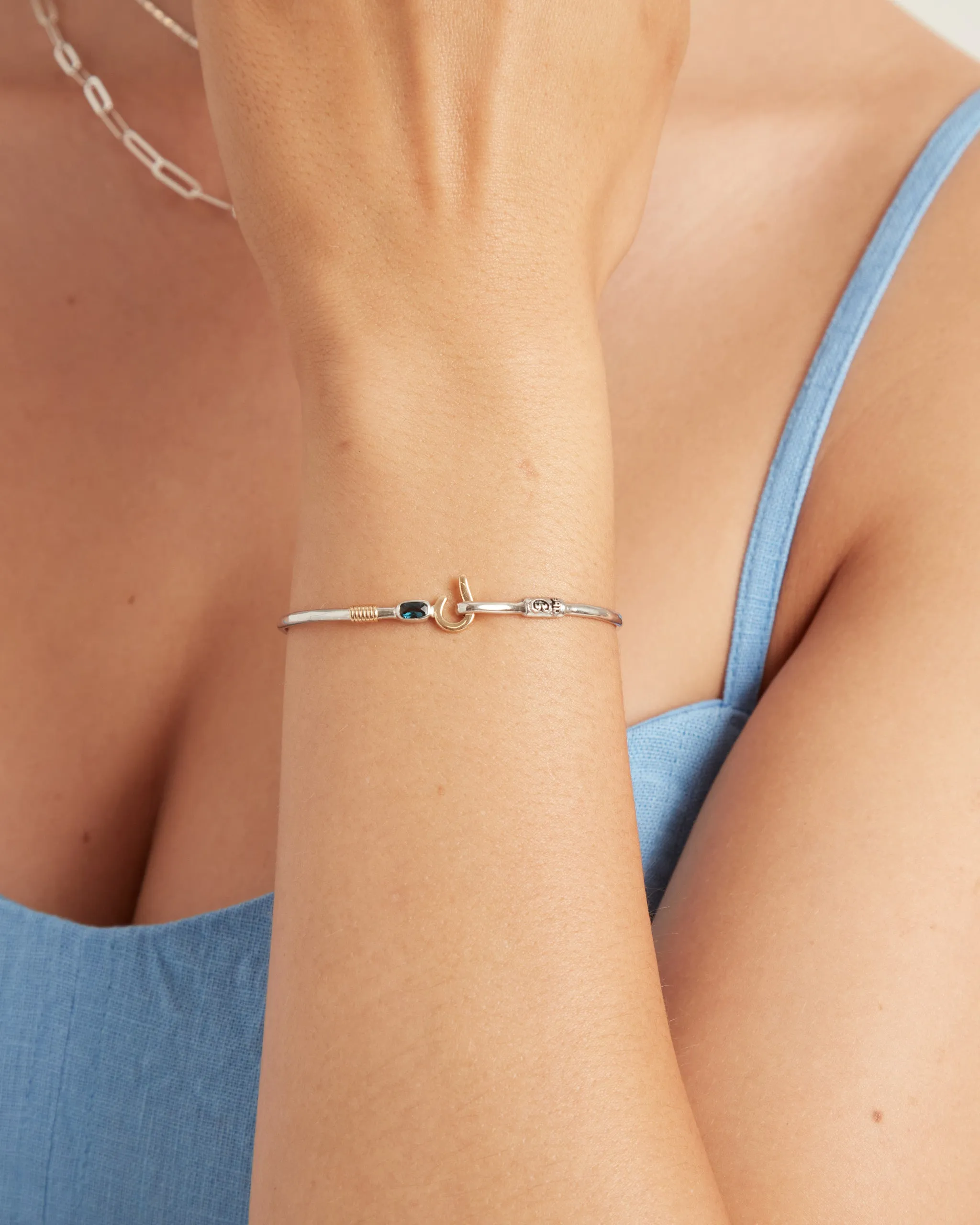 St. John Hook Bracelet with Rectangular Stone, 2mm - London Blue Topaz