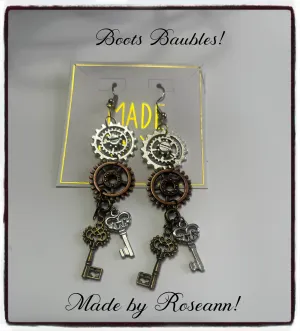 Steampunk gear and key earrings