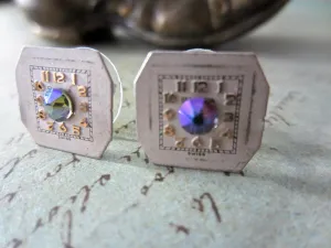 Steampunk Studd Earrings with vintage Watch Dials, Faces Steampunk Earrings , Steampunk jewelry Swarovski Crystal Borealis   Birthday gift