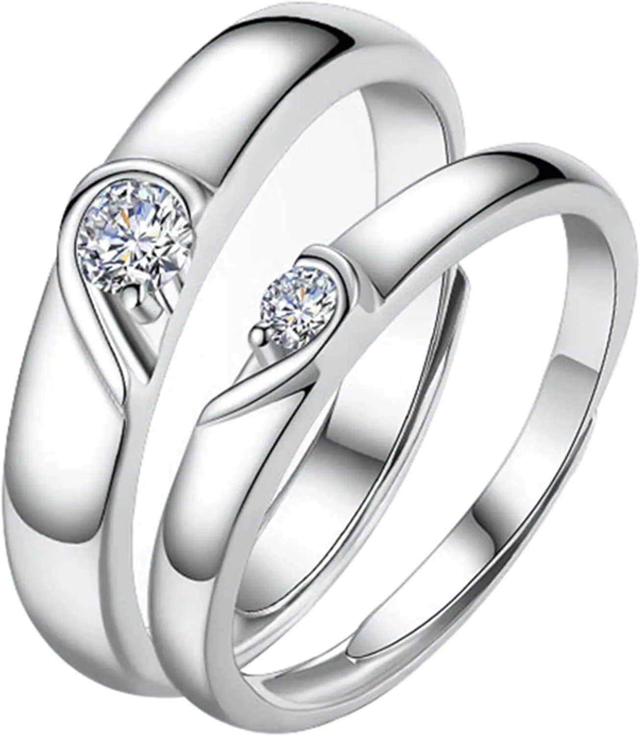 Sterling Silver Couple Promise Rings, Couple Engagement Rings Adjustable Couple Ring White Cubic Zirconia Round Shape Ring