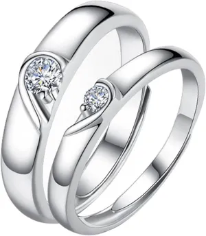 Sterling Silver Couple Promise Rings, Couple Engagement Rings Adjustable Couple Ring White Cubic Zirconia Round Shape Ring