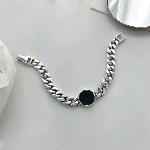 Sterling Silver Cuban Chain Bracelet - Black Onyx