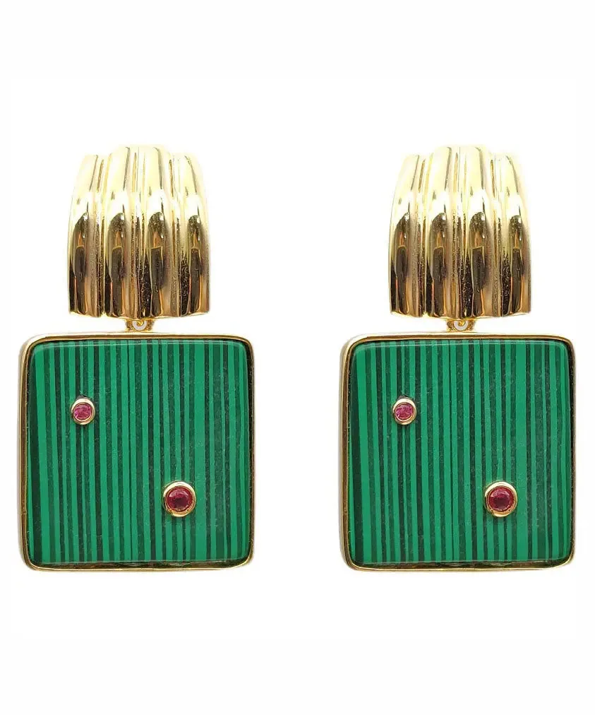 Sterling Silver Overgild Inlaid Square Malachite Hoop Earrings