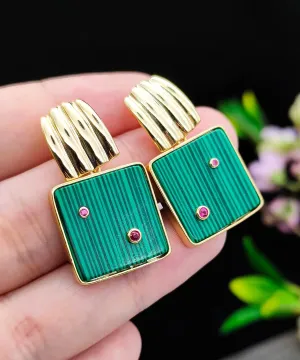 Sterling Silver Overgild Inlaid Square Malachite Hoop Earrings