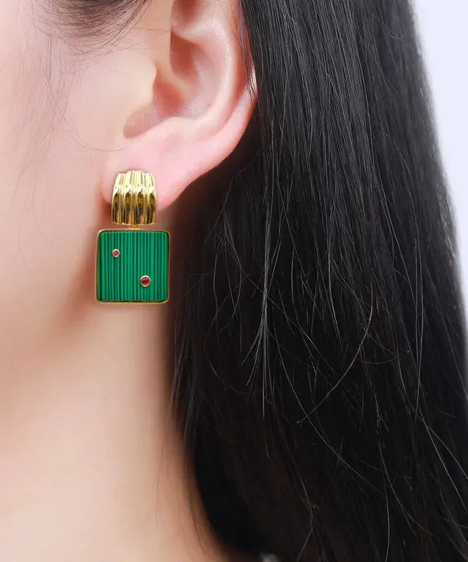Sterling Silver Overgild Inlaid Square Malachite Hoop Earrings