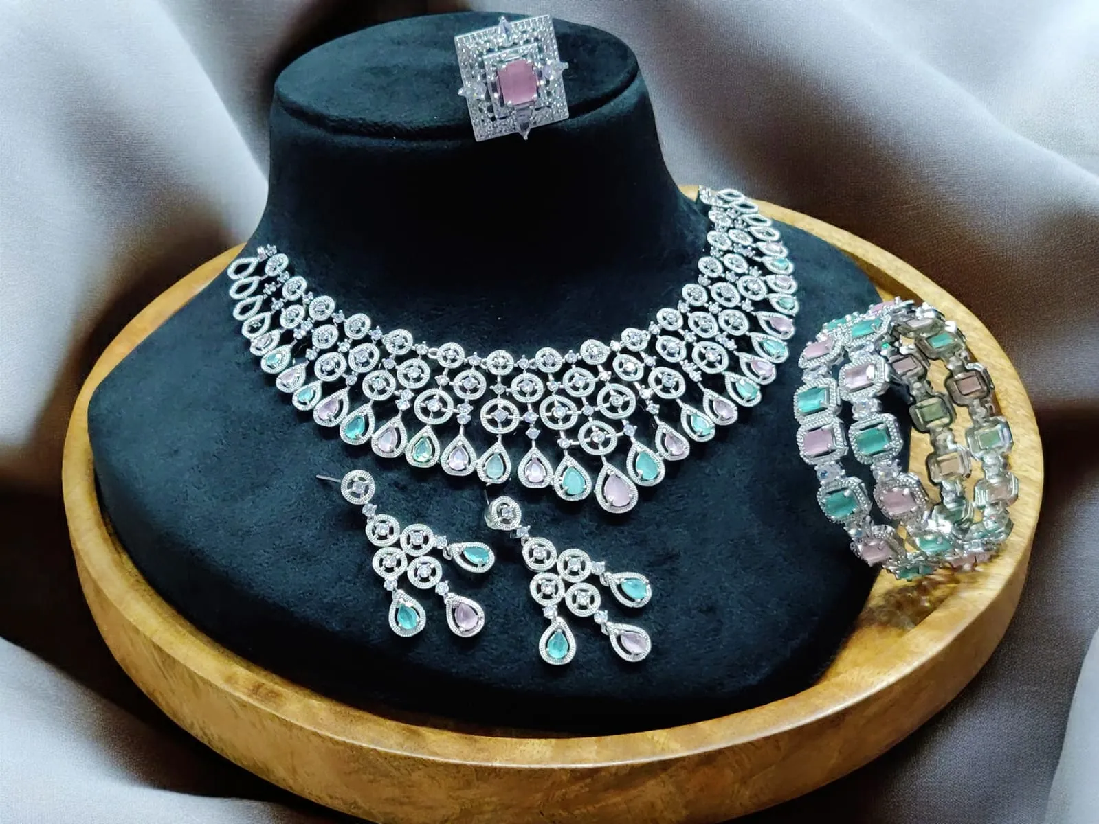 Stunning American Diamond Necklace Earrings Set with Bangles Ring, AD Necklace, AD Earrings Set, AD BAngles, AD Ring, Bridal CZ Jewelry Set, Indian AD Jewelry Set
