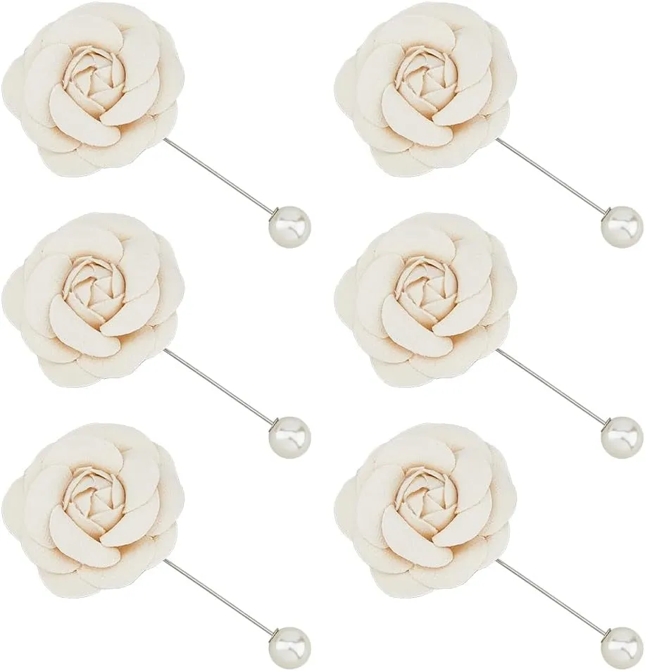 SUPERFINDINGS 6Pcs Camellia Polyester Pine with Pearl PapayaWhip Flower Bouquet Pins Elegant Camellia Brooches for Women Coat Handbag Accessories Wedding Party