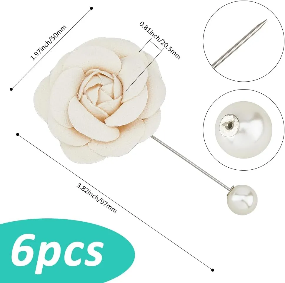 SUPERFINDINGS 6Pcs Camellia Polyester Pine with Pearl PapayaWhip Flower Bouquet Pins Elegant Camellia Brooches for Women Coat Handbag Accessories Wedding Party