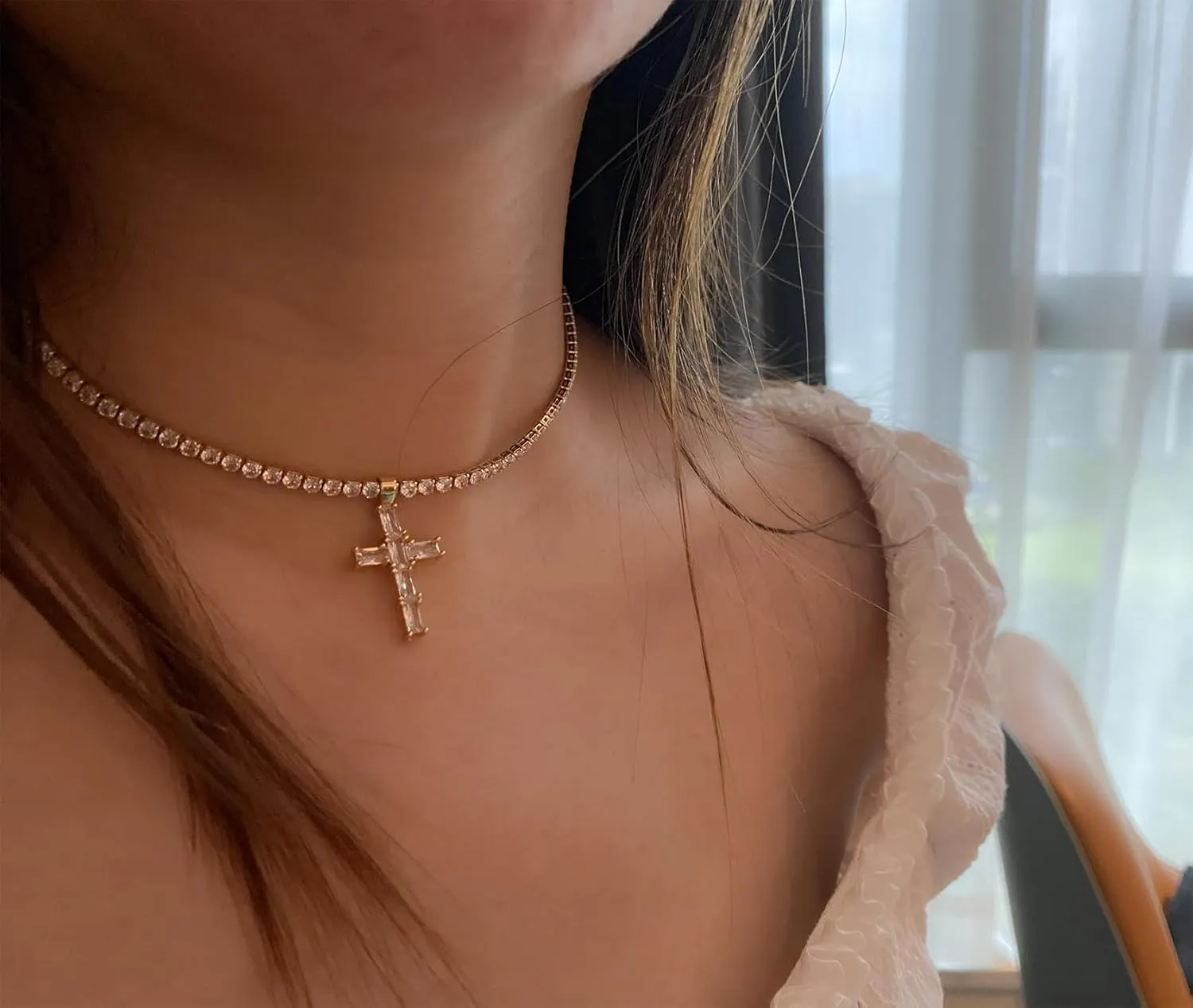Tennis Necklaces for Women Sparkly Choker Teardrop Heart Cross Pendant Necklace Silver/Gold Filled Faux Diamond Necklaces Jewelry