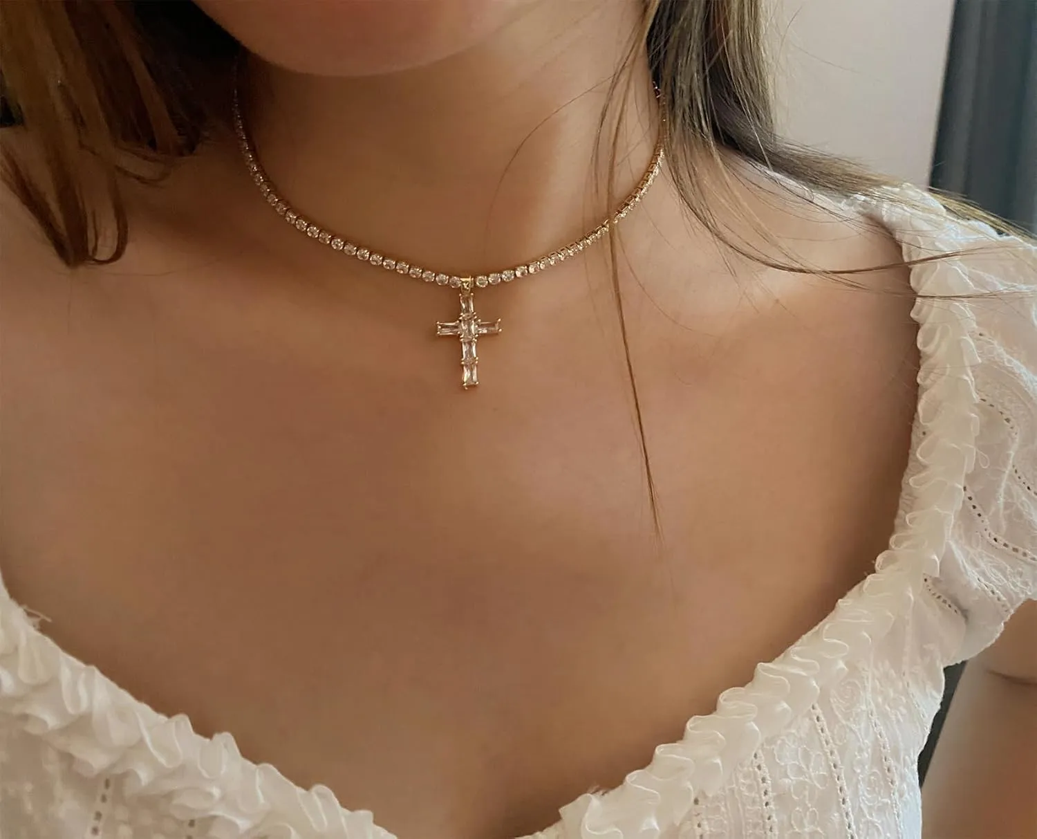 Tennis Necklaces for Women Sparkly Choker Teardrop Heart Cross Pendant Necklace Silver/Gold Filled Faux Diamond Necklaces Jewelry