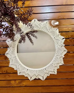 THE TOP KNOTT Macrame Hanging Wall Mirror with Macrame Round Mirror Art Boho Decor Macrame Decorative Mirror [TOPM005] (White, Unframed)