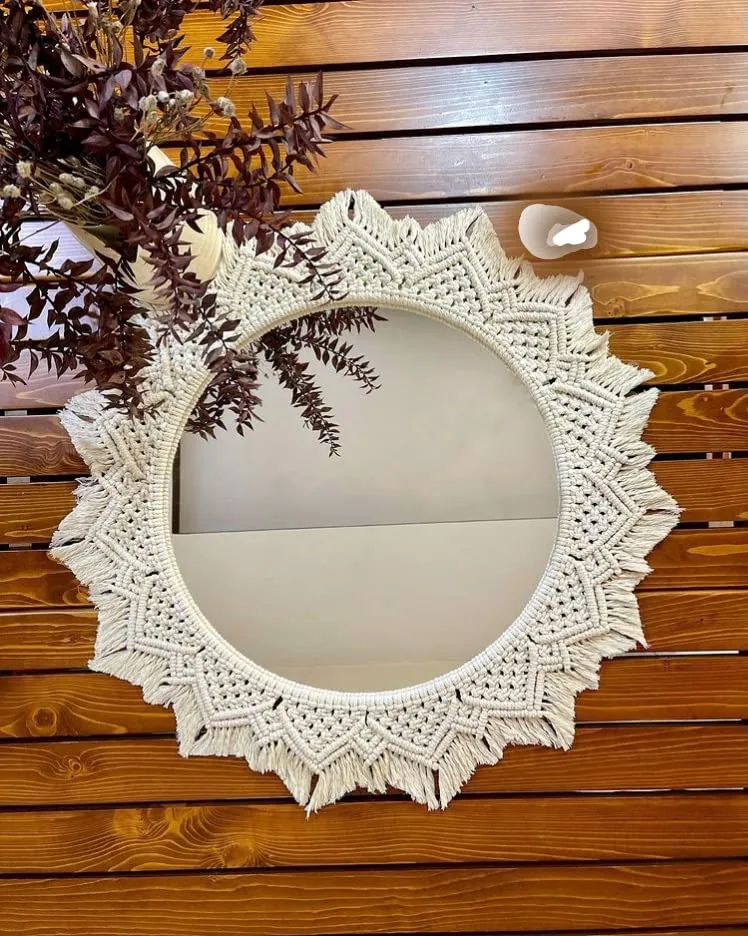 THE TOP KNOTT Macrame Hanging Wall Mirror with Macrame Round Mirror Art Boho Decor Macrame Decorative Mirror [TOPM005] (White, Unframed)