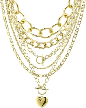 Tondiamo 6 Piece Gold Chunky Necklace Set for Women with Chunky Heart Pendant Layered Paperclip Toggle Necklace Cuban Link Choker Gold Plated Jewelry for Birthdays Party Accessories