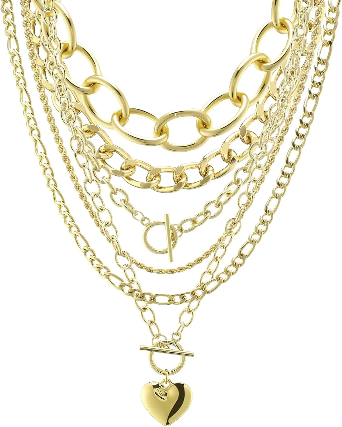Tondiamo 6 Piece Gold Chunky Necklace Set for Women with Chunky Heart Pendant Layered Paperclip Toggle Necklace Cuban Link Choker Gold Plated Jewelry for Birthdays Party Accessories