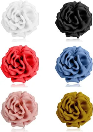 Tornito 6Pcs Rose Brooch and Pin Fabric Flower Lapel Pin Hair Clip Hat Pin Wedding Party Dance Banquet Dress Clothes Accessories for Women Yellow White Red Black Blue Green Pink Khaki Tone 10cm 12cm