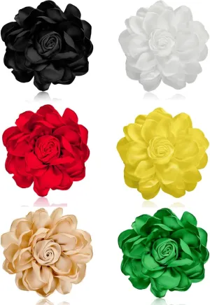 Tornito 6Pcs Rose Brooch and Pin Fabric Flower Lapel Pin Hair Clip Hat Pin Wedding Party Dance Banquet Dress Clothes Accessories for Women Yellow White Red Black Blue Green Pink Khaki Tone 10cm 12cm