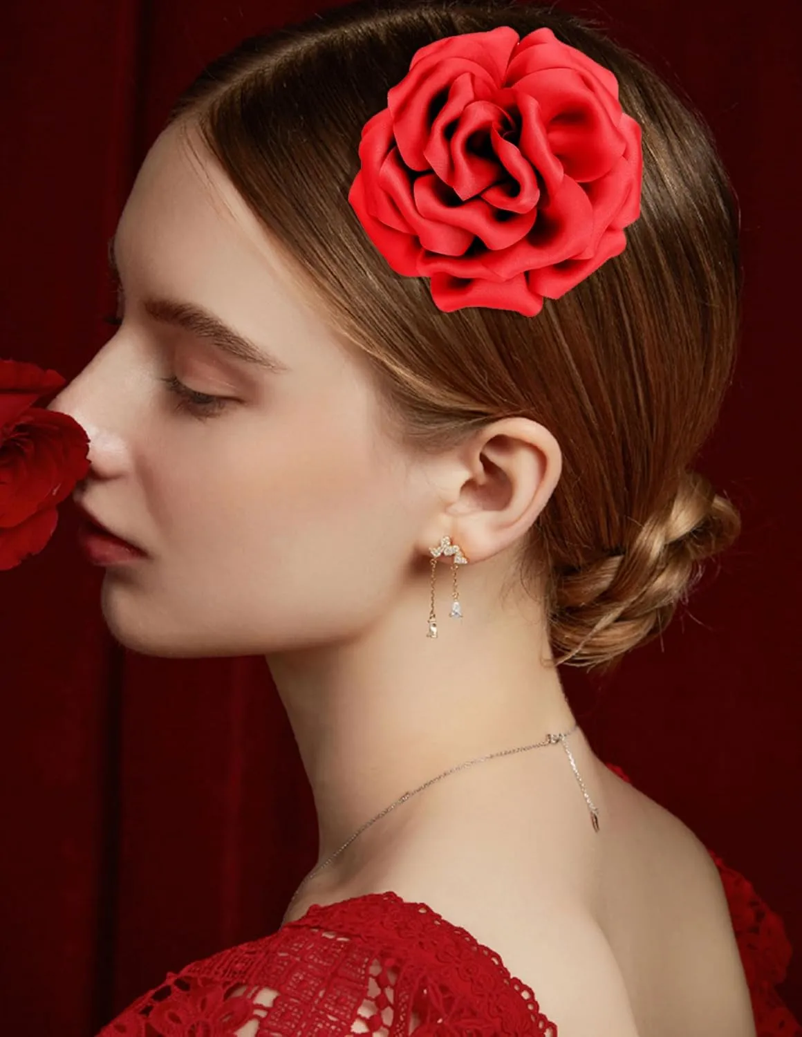 Tornito 6Pcs Rose Brooch and Pin Fabric Flower Lapel Pin Hair Clip Hat Pin Wedding Party Dance Banquet Dress Clothes Accessories for Women Yellow White Red Black Blue Green Pink Khaki Tone 10cm 12cm