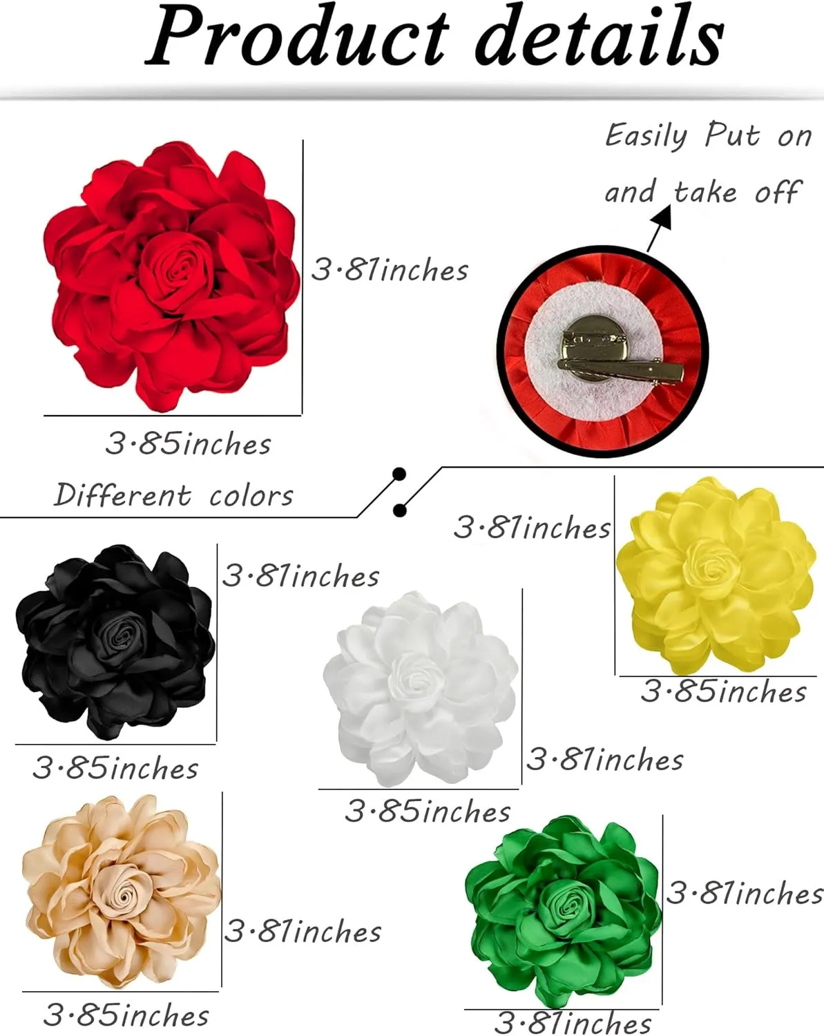 Tornito 6Pcs Rose Brooch and Pin Fabric Flower Lapel Pin Hair Clip Hat Pin Wedding Party Dance Banquet Dress Clothes Accessories for Women Yellow White Red Black Blue Green Pink Khaki Tone 10cm 12cm