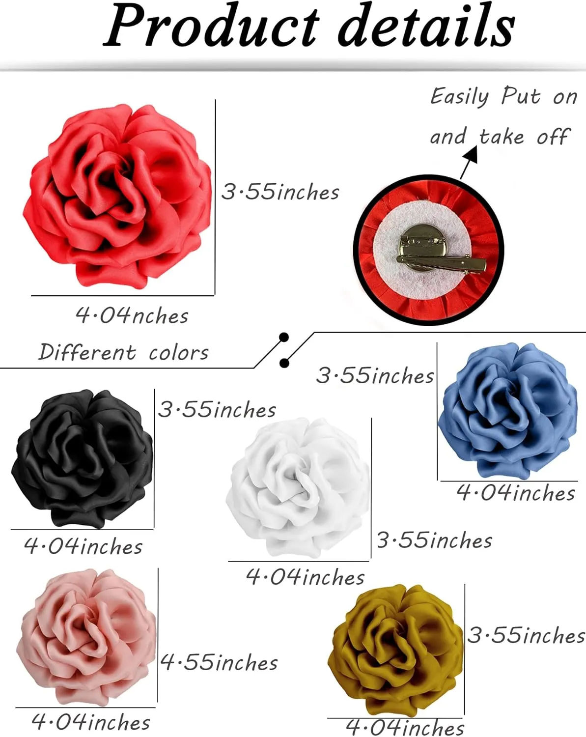 Tornito 6Pcs Rose Brooch and Pin Fabric Flower Lapel Pin Hair Clip Hat Pin Wedding Party Dance Banquet Dress Clothes Accessories for Women Yellow White Red Black Blue Green Pink Khaki Tone 10cm 12cm