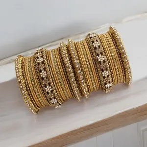 Traditional Antique Golden Pearl Bangle Set, Ethnic Bangles, Pakistani Bangles Set, Indian Wedding Jewelry