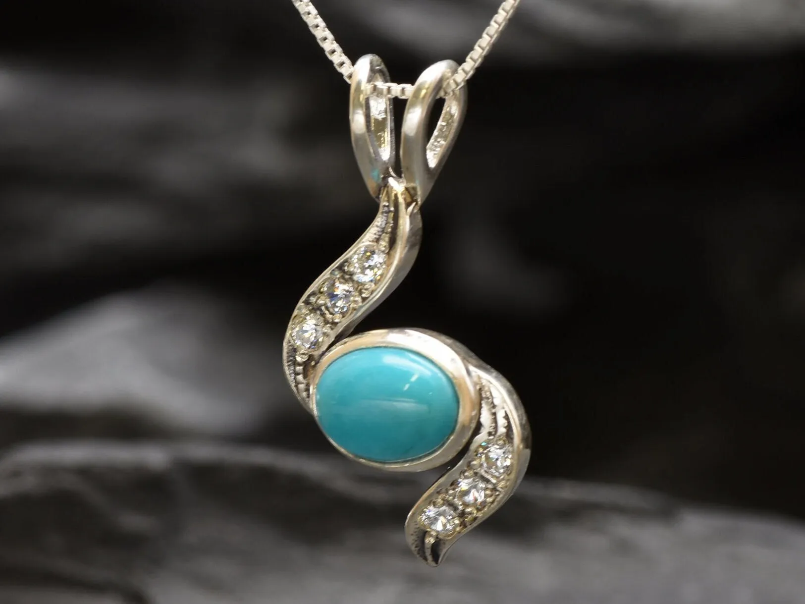 Turquoise Pendant - Blue Wave Necklace - Vintage Oval Necklace