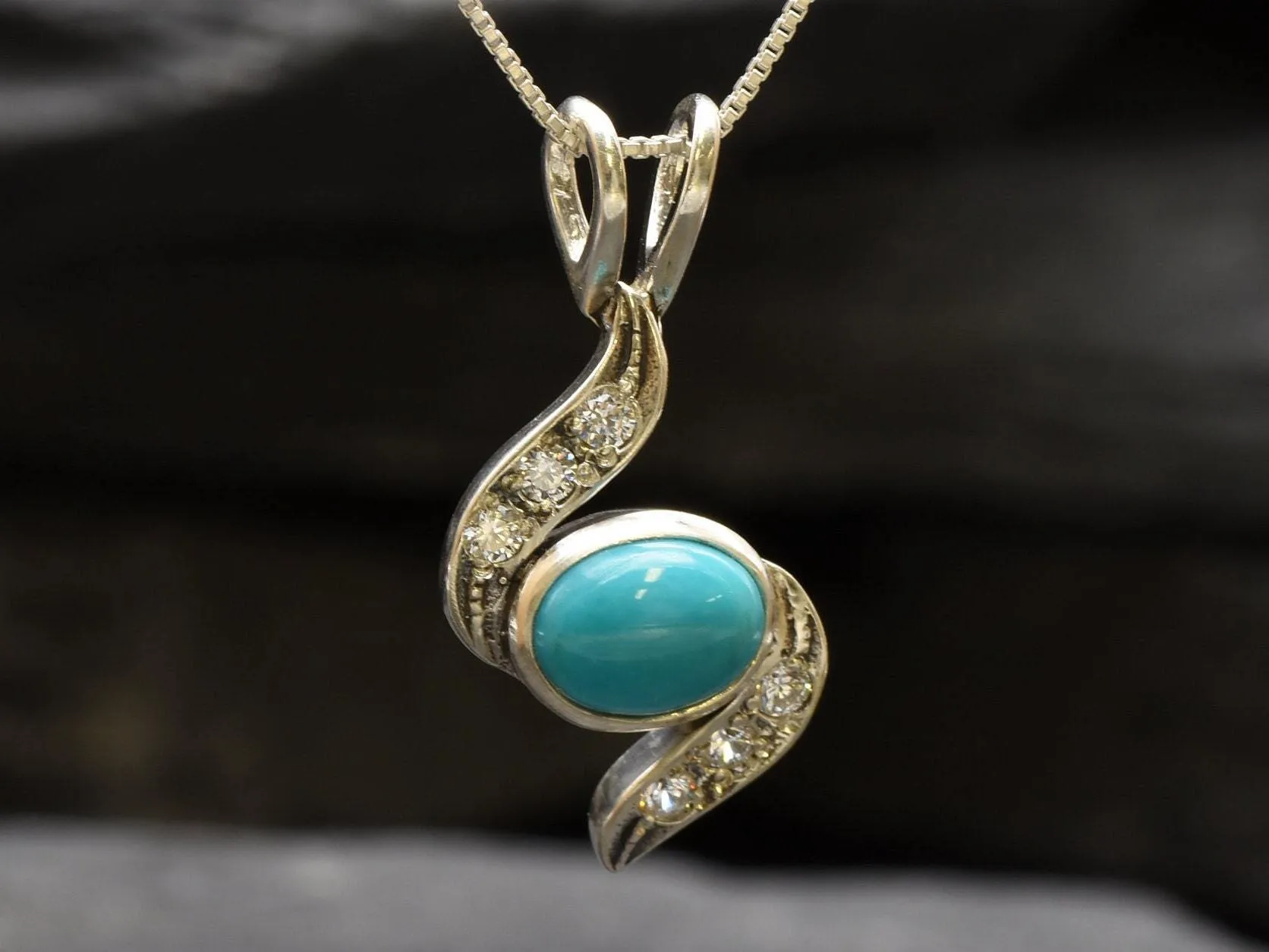 Turquoise Pendant - Blue Wave Necklace - Vintage Oval Necklace