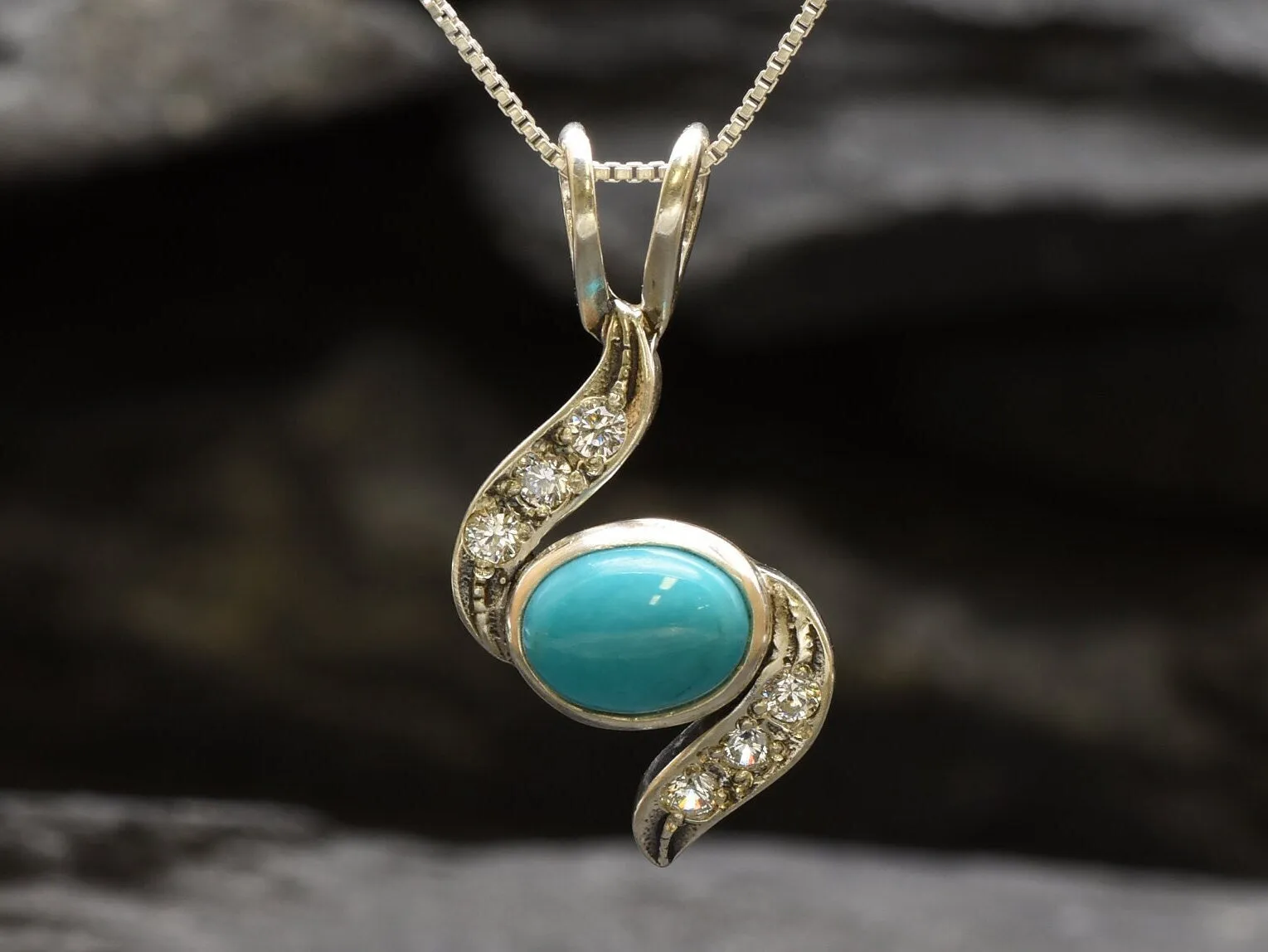 Turquoise Pendant - Blue Wave Necklace - Vintage Oval Necklace