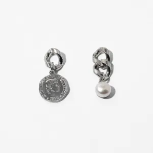 Unique Coin Pearl Pendant Chunky Chain Drop Earrings - Silver