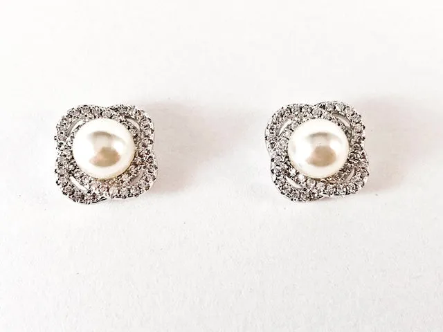 Unique CZ Knot Design With Center Pearl Brass Earrings