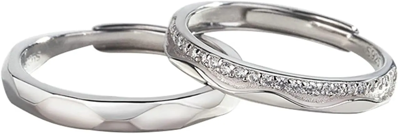 Unique Wedding Rings for Couple, Engraved Rings for Couples Personalized Adjustable 925 Sterling Silver Multi-Facted Ring with Cubic Zirconia