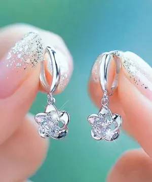 Unique White Sterling Silver Overgild Zircon Floral Hoop Earrings QJ020