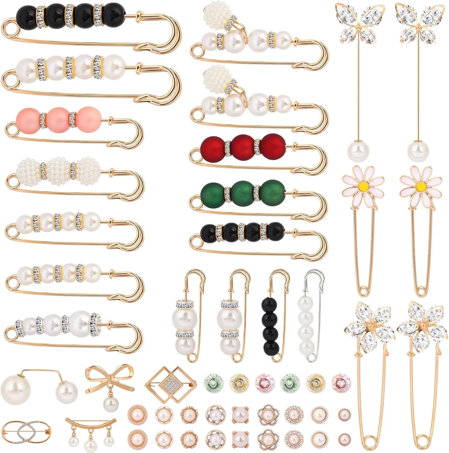 UPINS 50 PCS Pearl Brooches and Pins for Women, Large Brooch Pins for Clothes Pearl Brooch Pins Pant Waist Tightener Cover Up Snap Buttons Clothing Dresses Decoration Accessories