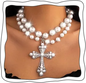 Uranian Pearl Cross Necklaces Layered Pearl Choker Necklace Gothic Big Cross Pendant Necklace Vintage Pearls Jewelry for Women