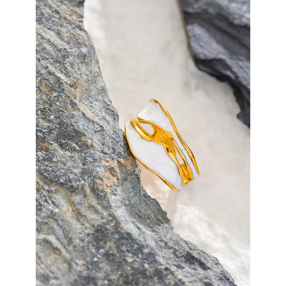 VAIGE White Enamel Geometric Open Ring - Irregular 316 Stainless Steel, Waterproof Fashion Jewelry Bijoux