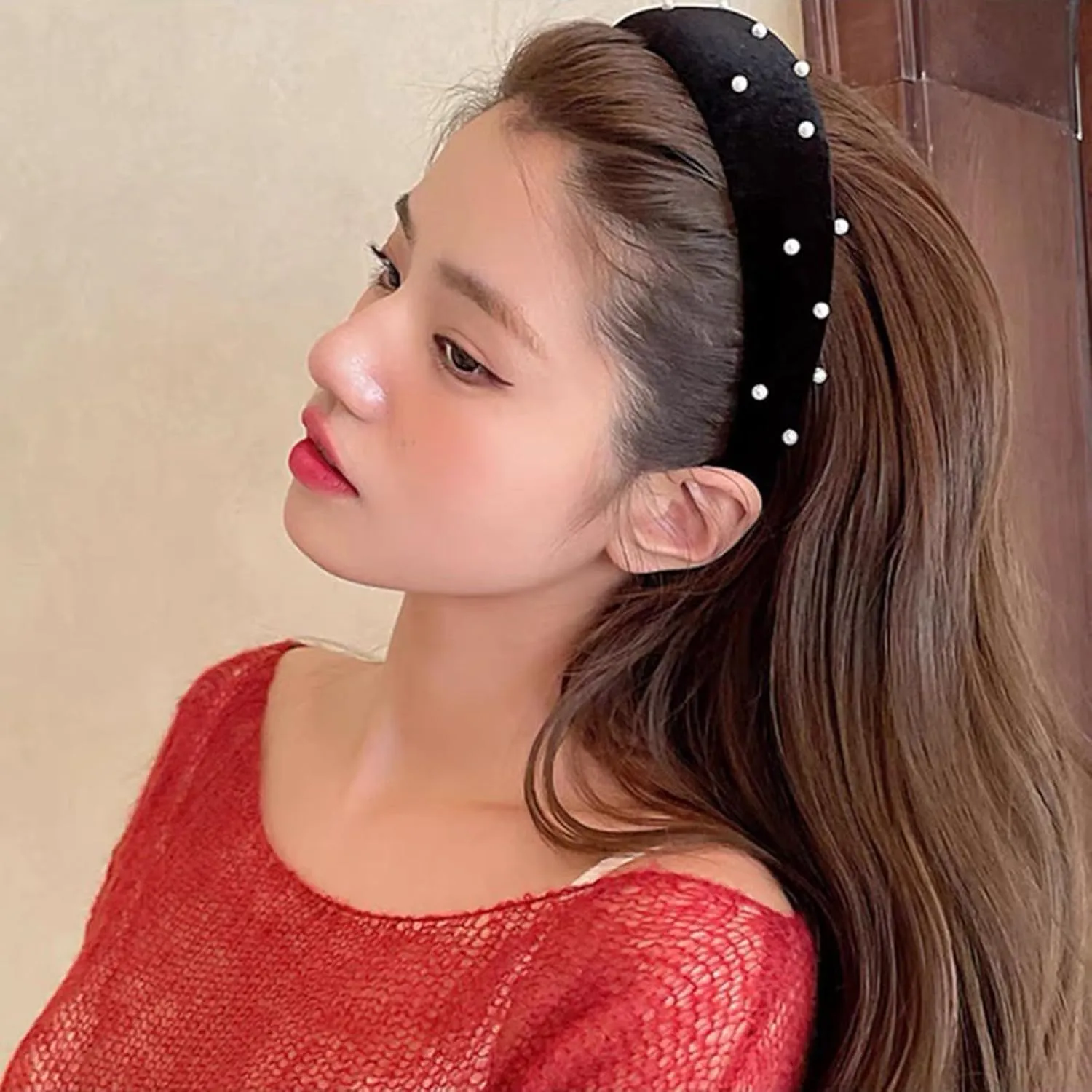 Velvet Wide Headband With Velvet Scrunchies for Women Girls, Fashion No Slip Hairband Elastic Hair Ponytail Holder Hair Tie (Pearl-Red, One Size)