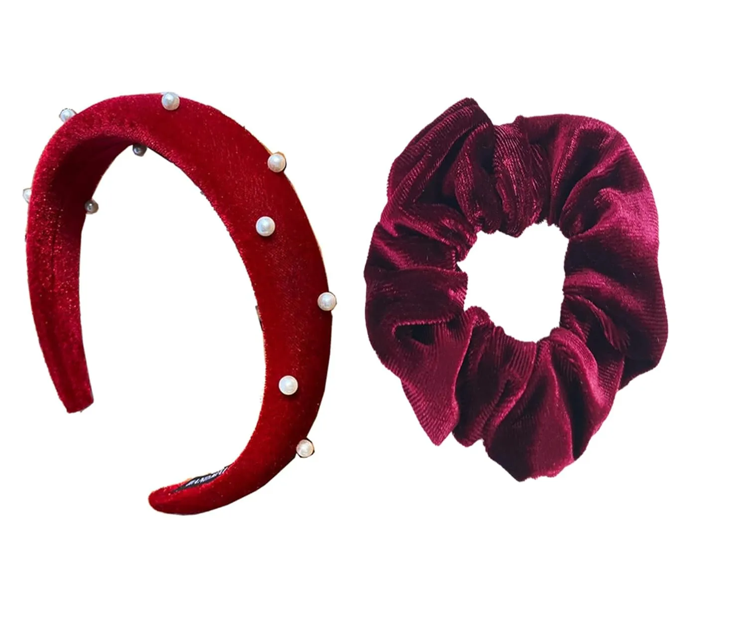 Velvet Wide Headband With Velvet Scrunchies for Women Girls, Fashion No Slip Hairband Elastic Hair Ponytail Holder Hair Tie (Pearl-Red, One Size)