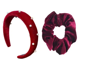 Velvet Wide Headband With Velvet Scrunchies for Women Girls, Fashion No Slip Hairband Elastic Hair Ponytail Holder Hair Tie (Pearl-Red, One Size)