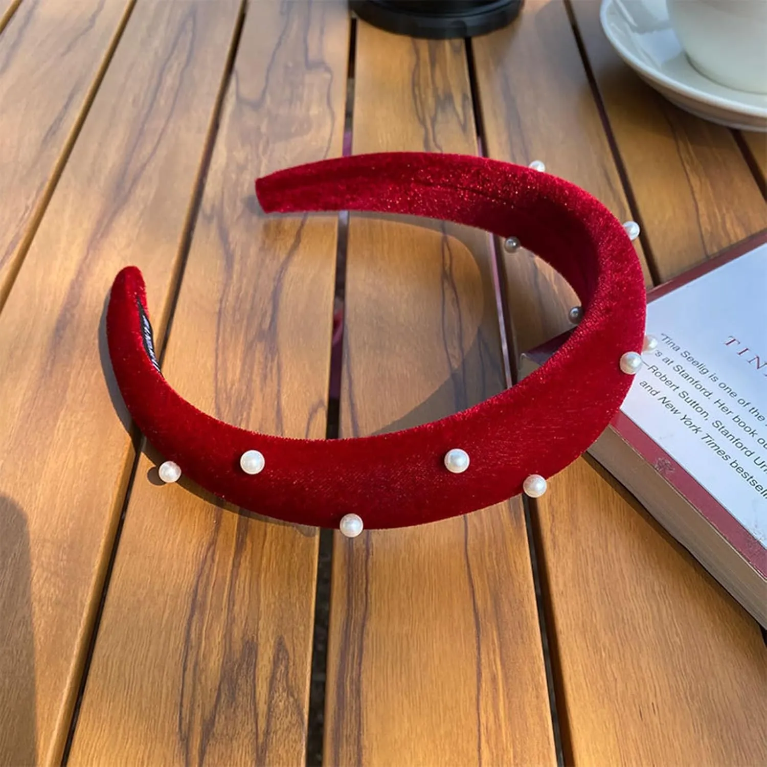 Velvet Wide Headband With Velvet Scrunchies for Women Girls, Fashion No Slip Hairband Elastic Hair Ponytail Holder Hair Tie (Pearl-Red, One Size)
