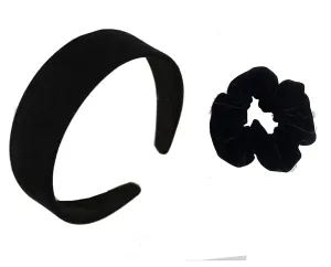 Velvet Wide Headband With Velvet Scrunchies for Women Girls, Fashion No Slip Hairband Elastic Hair Ponytail Holder Hair Tie (Solid Color-Black, One Size)