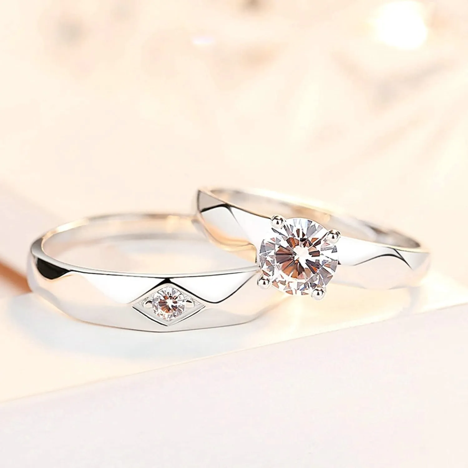 Wedding Anniversary Rings for Couples, Engraved Promise Rings for Couples Adjustable 925 Sterling Silver Solitaire Ring with Cubic Zirconia