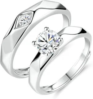 Wedding Anniversary Rings for Couples, Engraved Promise Rings for Couples Adjustable 925 Sterling Silver Solitaire Ring with Cubic Zirconia