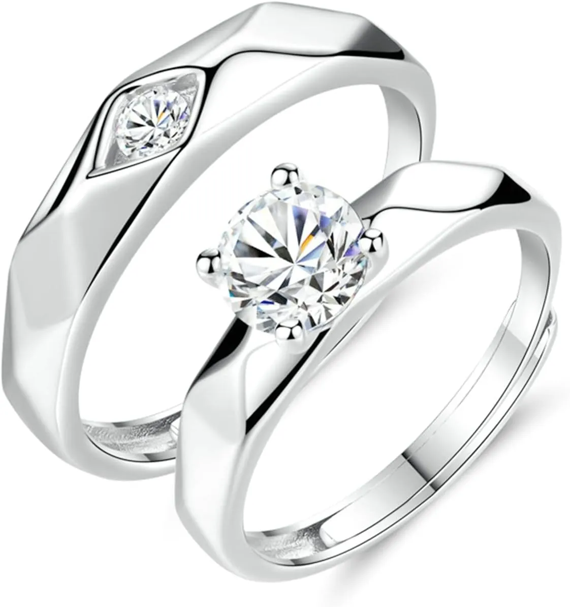 Wedding Anniversary Rings for Couples, Engraved Promise Rings for Couples Adjustable 925 Sterling Silver Solitaire Ring with Cubic Zirconia