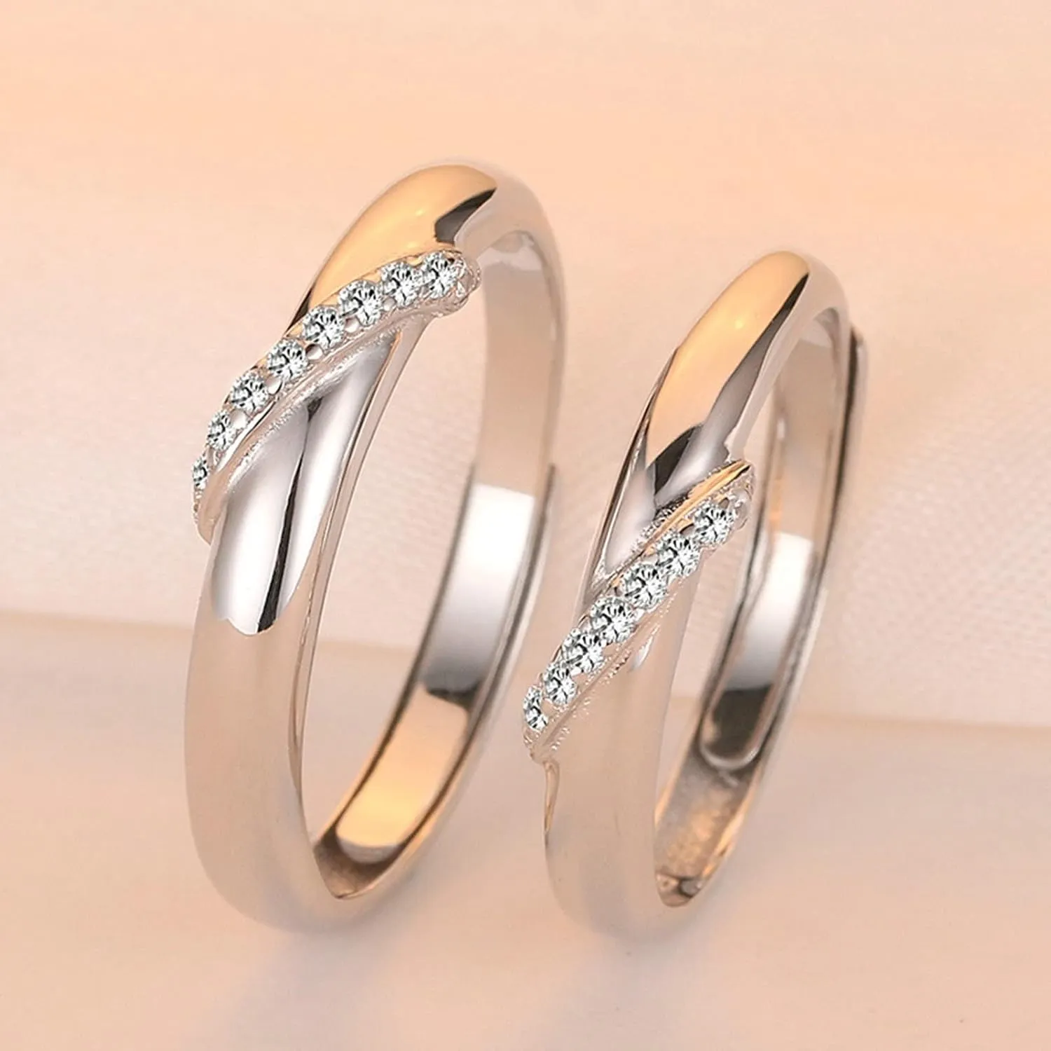 Wedding Band Set Men and Women, 925 Silver Couple Ring Set Personalized Adjustable Silver Ring with Cubic Zirconia