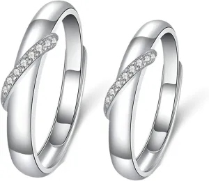 Wedding Band Set Men and Women, 925 Silver Couple Ring Set Personalized Adjustable Silver Ring with Cubic Zirconia